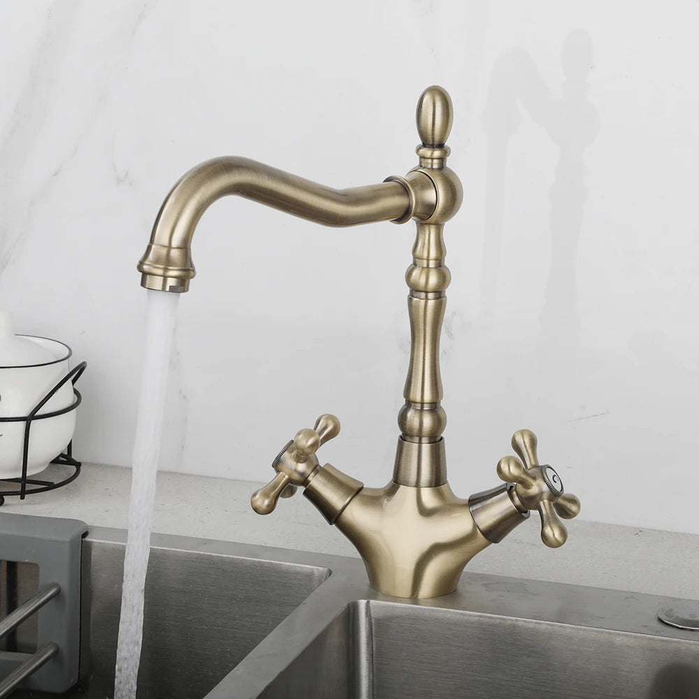 ZAPPO Kitchen Sink Faucet Polish Chrome Double Cross Handle Mixer 360° Swivel Spout Kitchen Faucets Tap Hot and Cold Water Taps