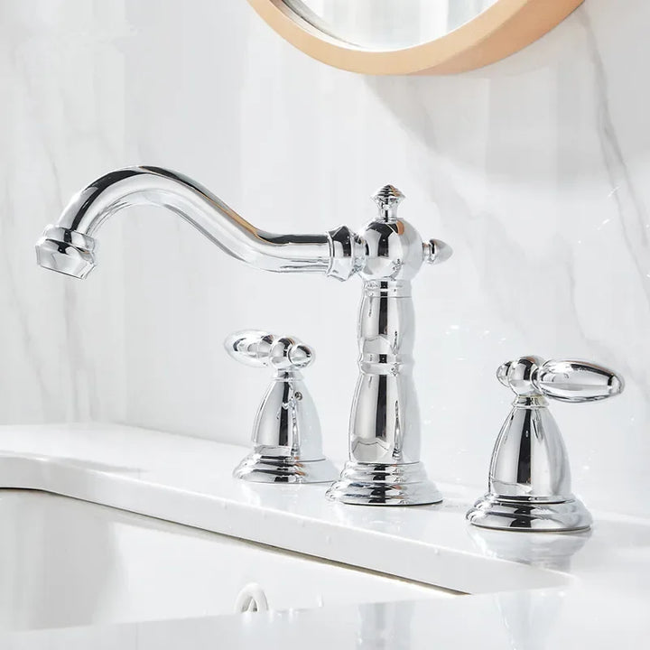 Basin Faucet Brass Gold Widespread Bathroom  Antique Sink  3 Hole Hot And Cold Water  Tap Pop Up