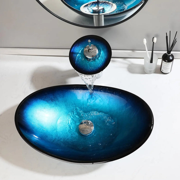 KEMAIDI Bathroom Sink Countertop Basin Bowl with Faucet Washroom Vessel Vanity Sinks Tempered Glass Basin Washbasin Faucet Set