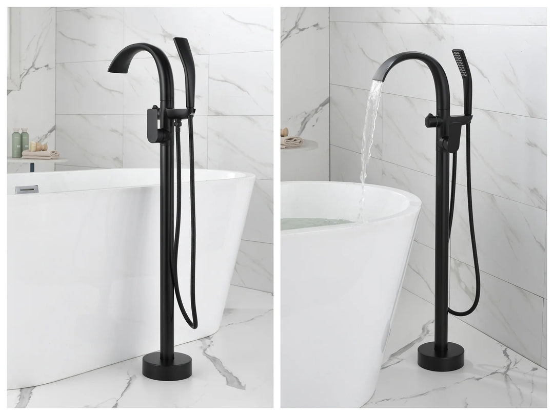 Floor Stand Waterfall Bathtub Faucet Solid Brass Bathroom Bathtub Water Mixer with Hand Shower in Brushed Rose Gold, Black, Gold