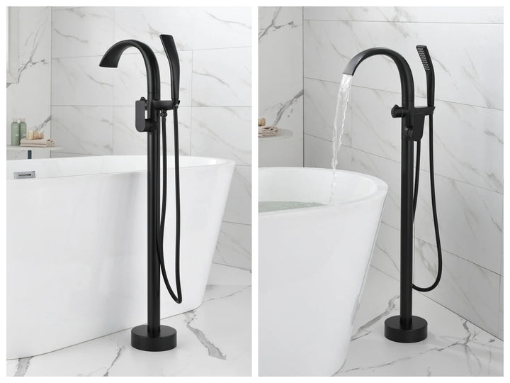 Floor Stand Waterfall Bathtub Faucet Solid Brass Bathroom Bathtub Water Mixer with Hand Shower in Brushed Rose Gold, Black, Gold