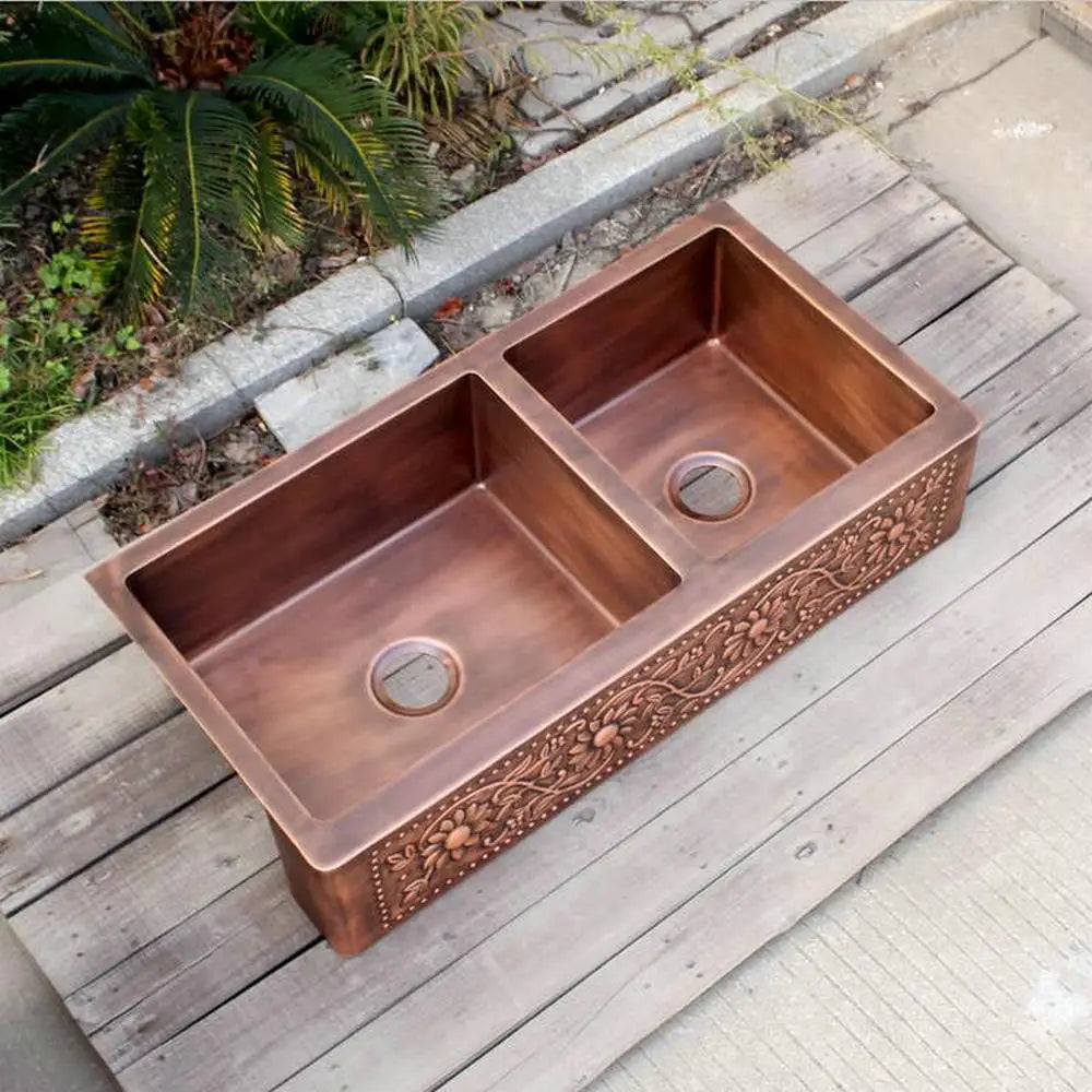 MAEBOW Antique Copper Regtangular Apron Front Double Bowls Artistic Kitchen Sink Farmhouse Sink