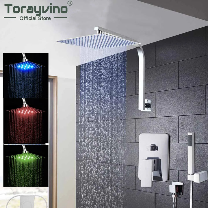 Torayvino Bathroom Shower Set LED Square Rainfall Shower Head Wall Mounted W/ Control Valve Hand Sprayer Chrome Polished Kit