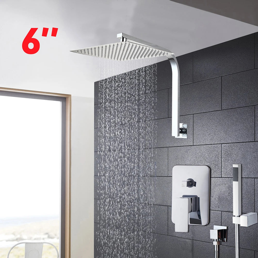 Torayvino Bathroom Shower Set LED Square Rainfall Shower Head Wall Mounted W/ Control Valve Hand Sprayer Chrome Polished Kit