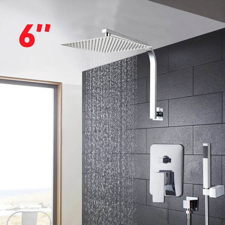 Torayvino Bathroom Shower Set LED Square Rainfall Shower Head Wall Mounted W/ Control Valve Hand Sprayer Chrome Polished Kit