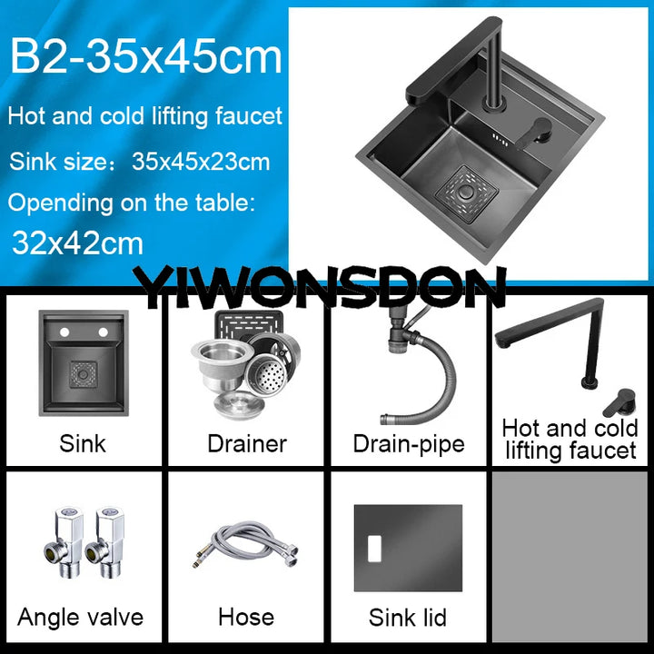 Nano Hidden Bar Kitchen Sink Black Folding Faucet Mini Small Single Bowl Wash Basin Stainless Steel Soap Dispenser Accessories