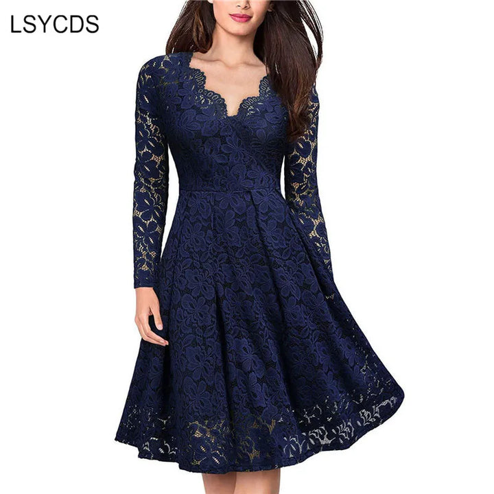 LSYCDS Elegant Sexy Dress for Women Vintage Lace Long Sleeve V Neck