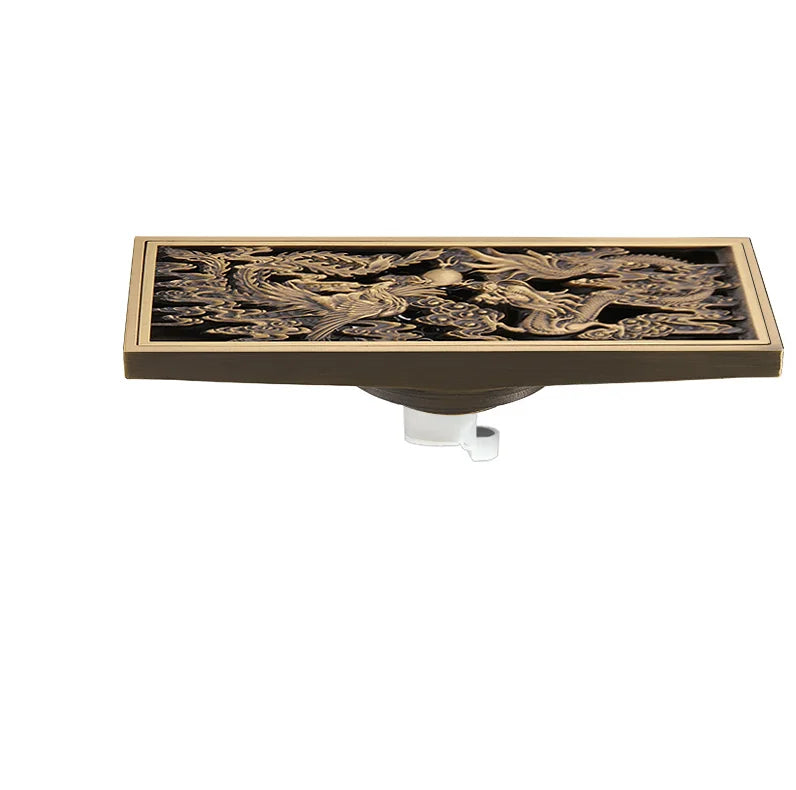 Bathroom Floor Drain Copper Antique Dragon Phoenix Picture Cover Large Displacement Floor Drain 20cm Long Strip Odor-Proof Drain