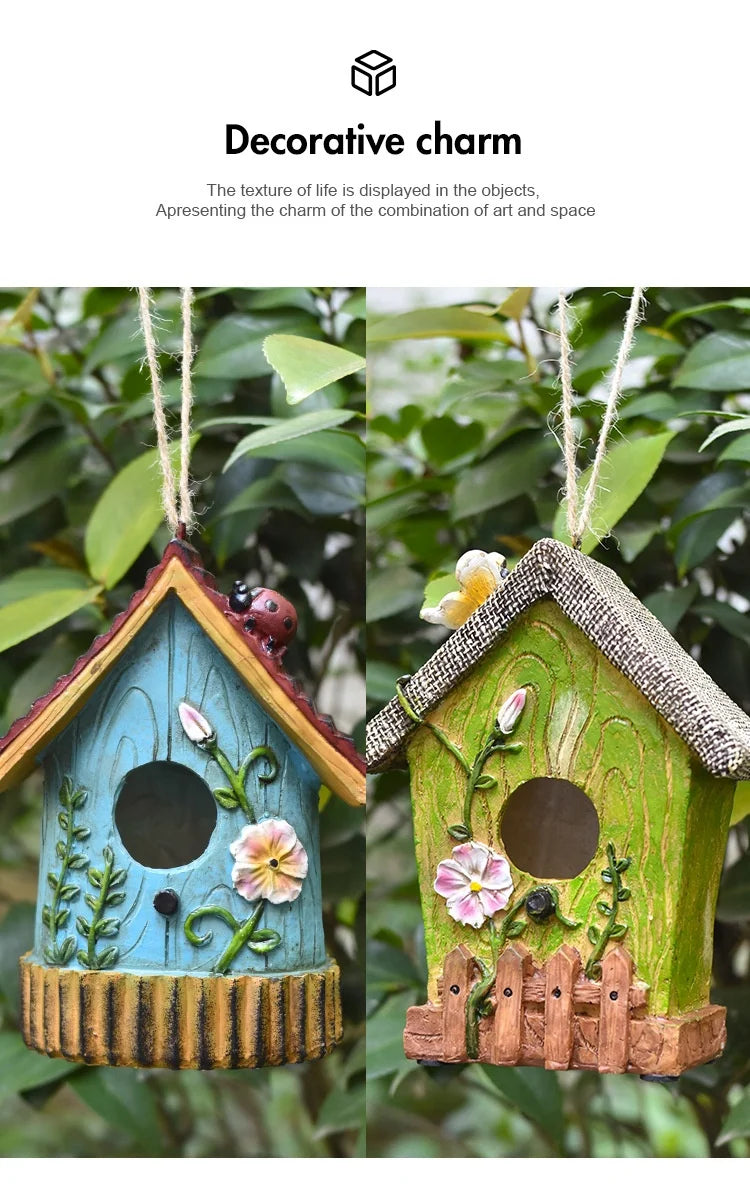 Hanging Bird House Resin Outside Bird Hut Novelty Garden Decoration Nest for Fence, Trees, Yard House Decoration Ornaments