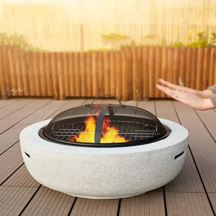 Round Outdoor Fire Pit Table Household Charcoal Brazier Garden Courtyard Barbecue Grill with Mesh Enclosure and Barbecue Net