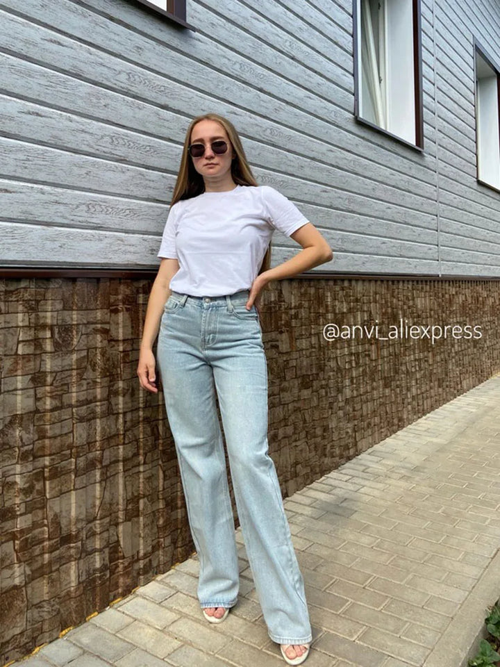 MiuKoMiYa Straight Leg Jeans For Women High Waist Gray Long Wide Denim Pants Vintage Blue Boyfriend Jeans