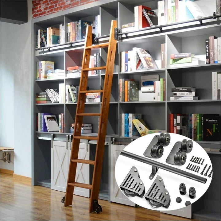 12FT(366cm) Sliding Library  Hardware Kit No Ladder，Black Rustic Round Tube Rolling Ladder Track,Floor Roller with Brake,Indoor