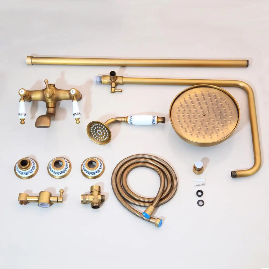 KEMAIDI Antique Brass Retro Vintage Bathroom Shower Faucet Set Wall Mounted Rainfall Shower Head Bathtub Mixer Shower Systerm