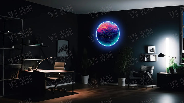 Planet Neon LED Light Acrylic Sign: AI Midjourney Generated Round Design, RGB Option , Galaxy Wall Art Decor for Home, Restaura