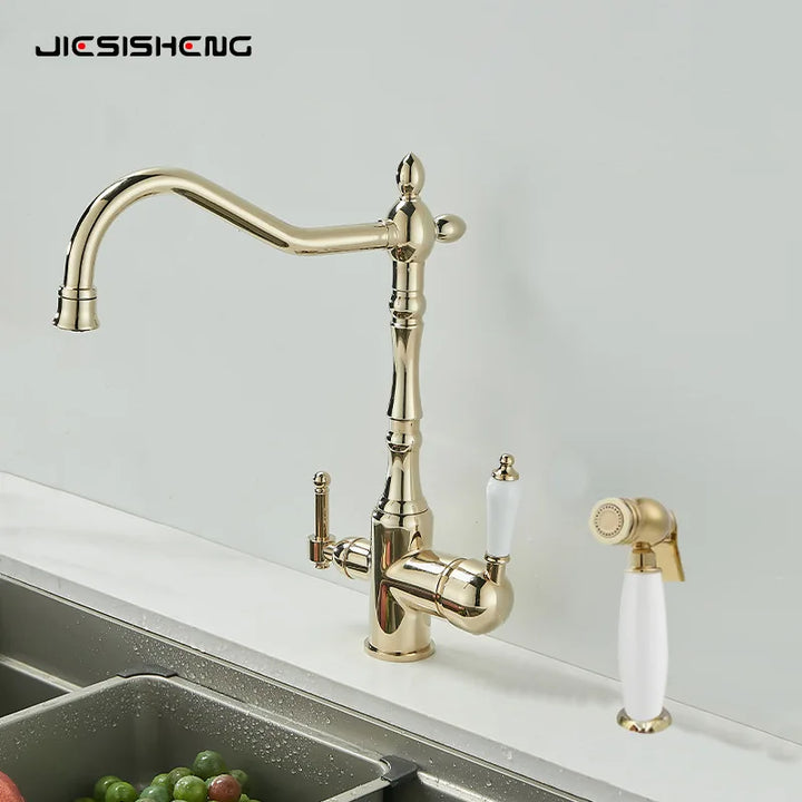 Brass light luxury three-in-one pure water faucet household sink washbasin hot and cold water faucet anti-splash
