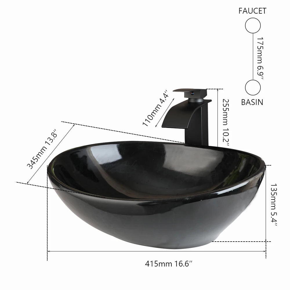 KEMAIDI Oval Vessel Sink with Faucet White Marbling Bathroom Vessel Sinks Above Counter  Ceramic Vessel Sinks for Bathroom Mixer