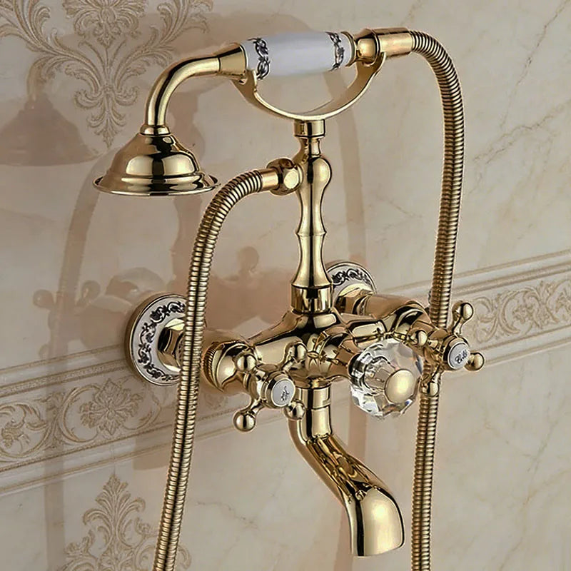 Luxury Golden Bathtub Faucet - Brass Bathroom Faucet with Rotating Spout & Shower, Brass Construction