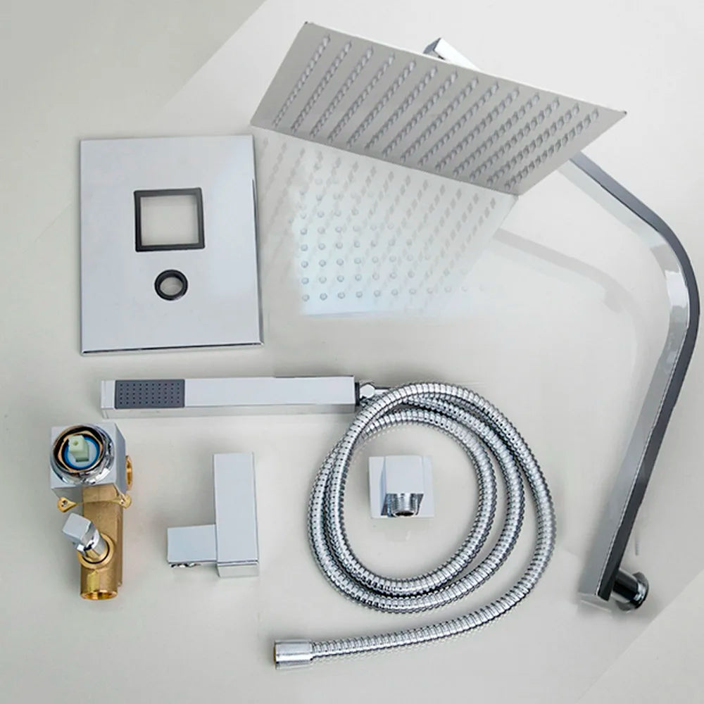 Torayvino Bathroom Shower Set LED Square Rainfall Shower Head Wall Mounted W/ Control Valve Hand Sprayer Chrome Polished Kit