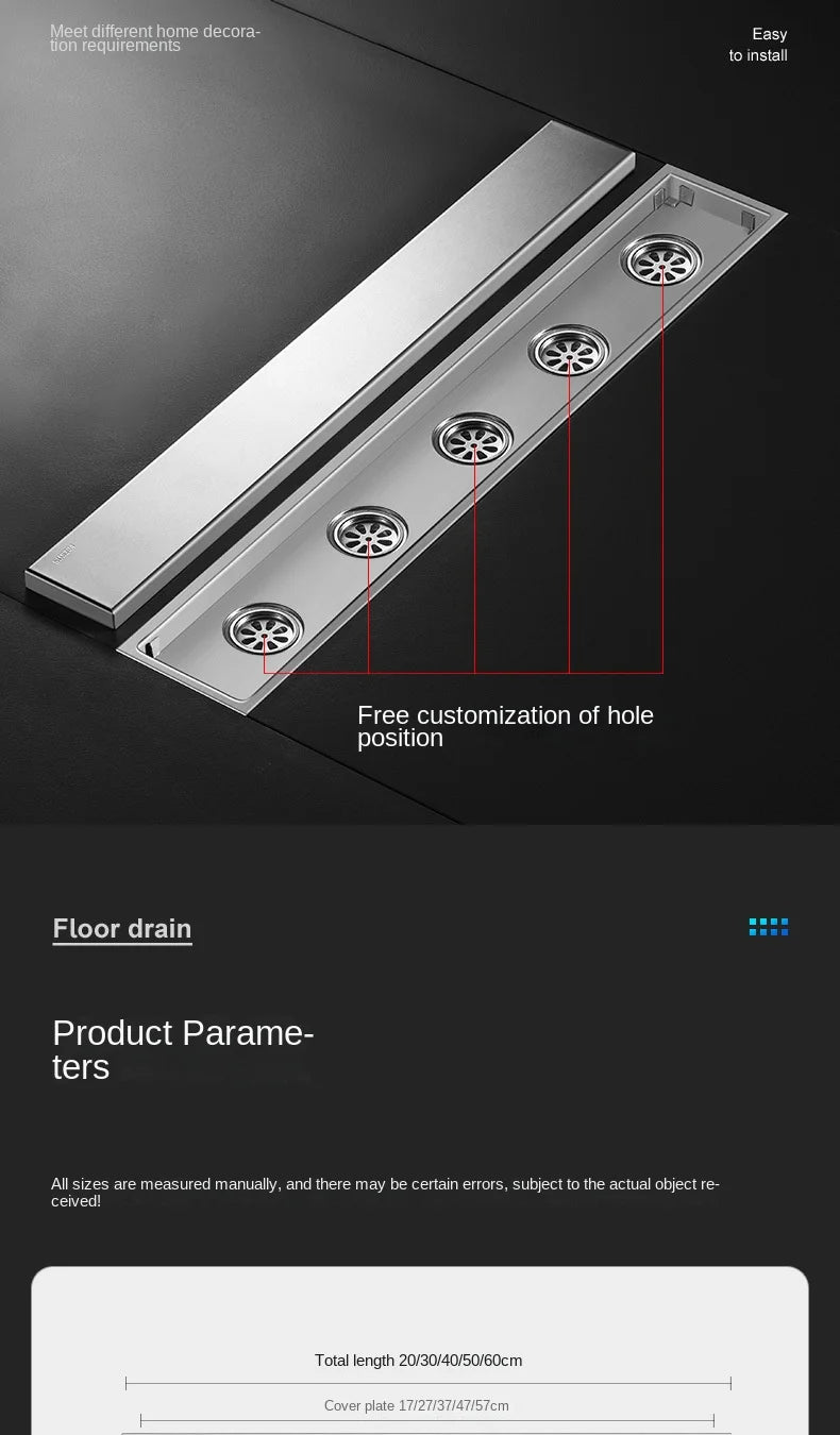 Luxury Hidden 304 Stainless Steel Rectangular Floor Drain Bathroom Toilet Drain Anti-Odor Filter Hair Extended Floor Drain