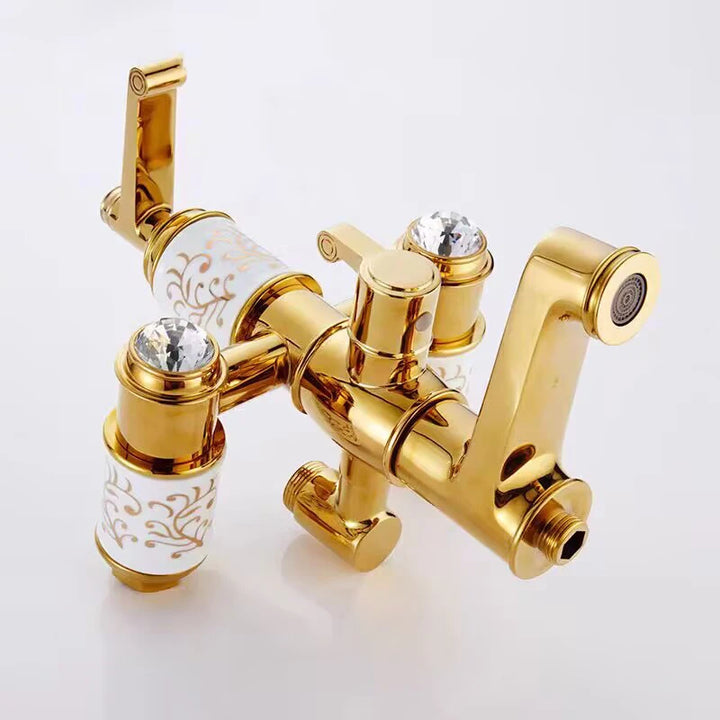 KEMAIDI Solid Brass Bathroom Shower Set Golen Plated Rainfall Shower Systerm Bath Shower Faucet Mixer 3 in 1 Wall Mounted Shower