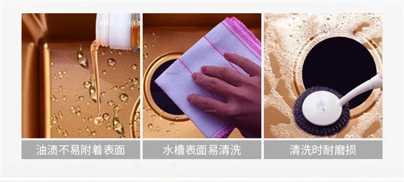 Rose Gold Stainless Steel Kitchen Sink Single Bowl Above Counter Vegetable Basin Modern Drain Storage Luxury