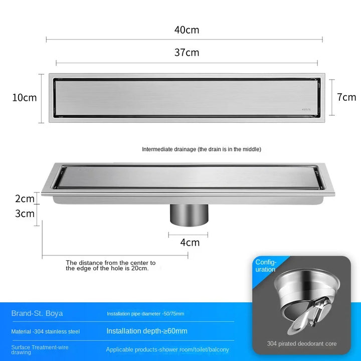Luxury Hidden 304 Stainless Steel Rectangular Floor Drain Bathroom Toilet Drain Anti-Odor Filter Hair Extended Floor Drain