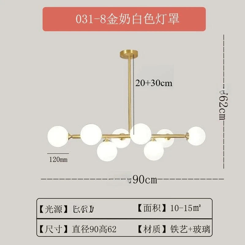 Modern Chandelier Pendant Light 8-Lights Gold & White Glass Pendant Lighting Globe Dining Light Fixture for Living Room Kitchen