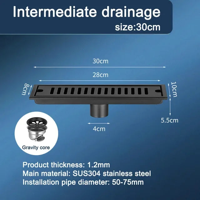 Black Floor Drain 304 Stainless Steel Shower Drain Long Strip Odor Proof Bathroom Floor Drainage Large Displacement