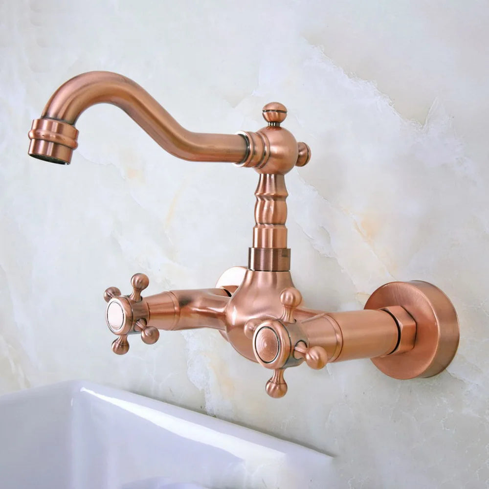 Antique Red Copper Bathroom Kitchen Sink Basin Faucet Mixer Tap Swivel Spout Wall Mounted Dual Cross Handles Nnf946