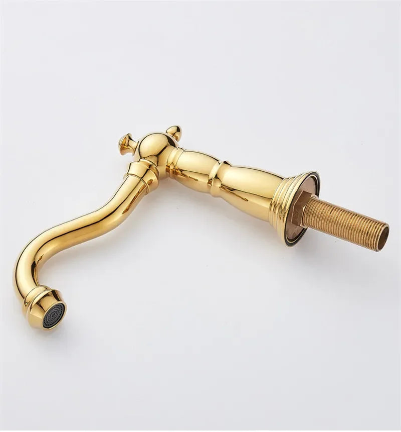 Basin Faucet Brass Gold Widespread Bathroom  Antique Sink  3 Hole Hot And Cold Water  Tap Pop Up