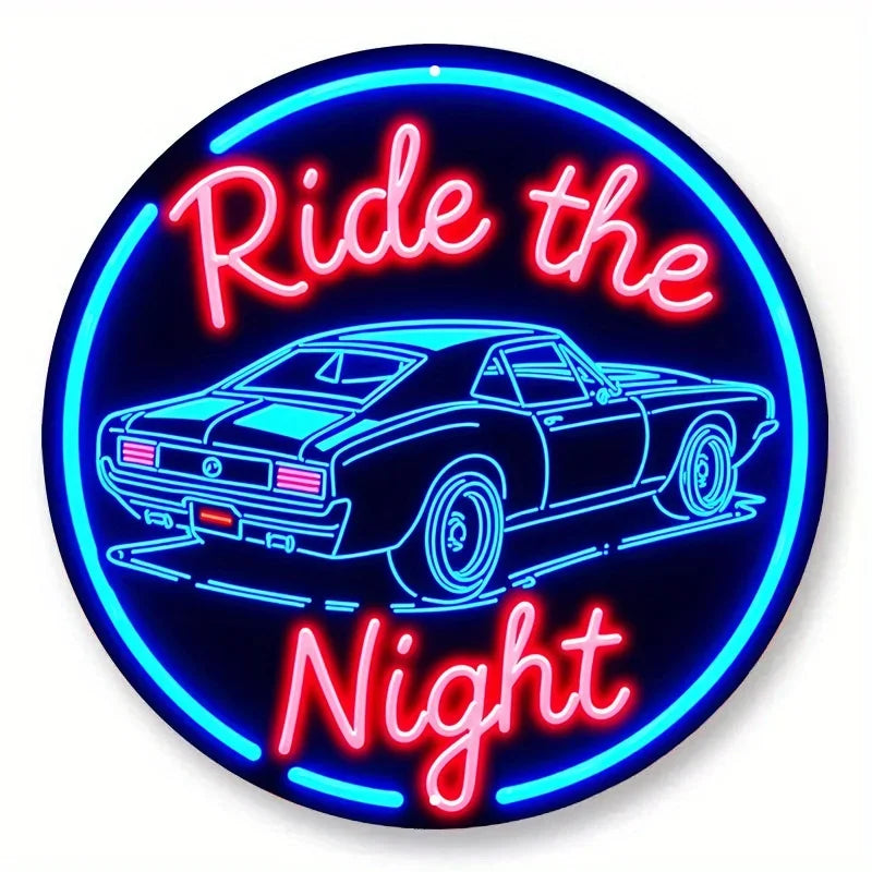 Vintage Neon Car Sign Midnight Drive – Retro Automotive LED Art Metal Sign with Red & Green Lights, Round Metal Wall Decor