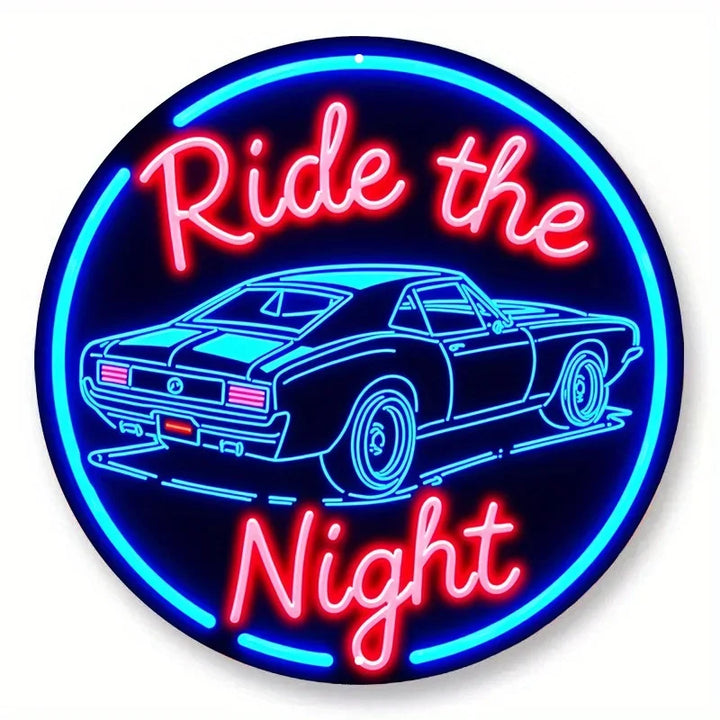 Vintage Neon Car Sign Midnight Drive – Retro Automotive LED Art Metal Sign with Red & Green Lights, Round Metal Wall Decor