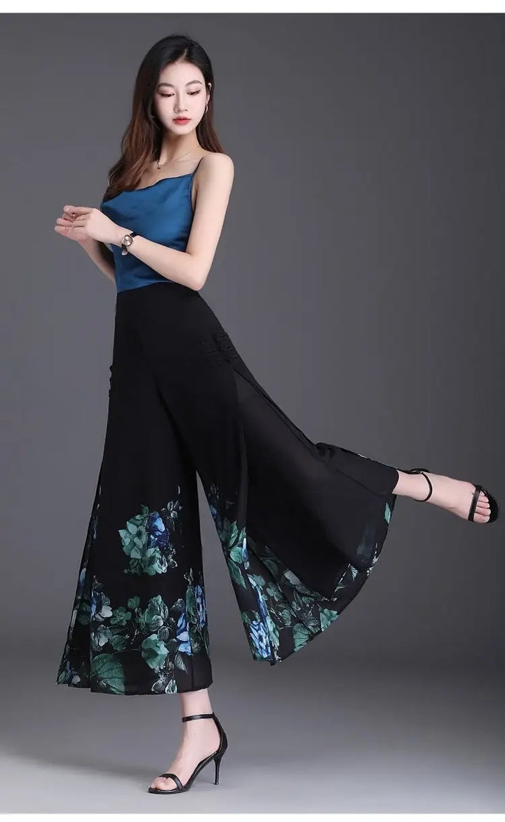 Thin Chinese Style Floral Chiffon Wide Leg Pants Women Tie Die Printed Button Loose High Waist Vintage Straight Trousers