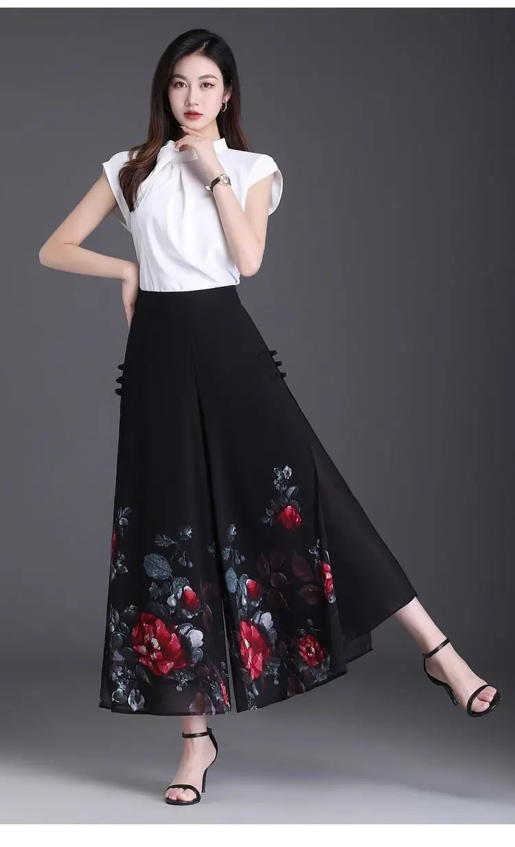 Thin Chinese Style Floral Chiffon Wide Leg Pants Women Tie Die Printed Button Loose High Waist Vintage Straight Trousers