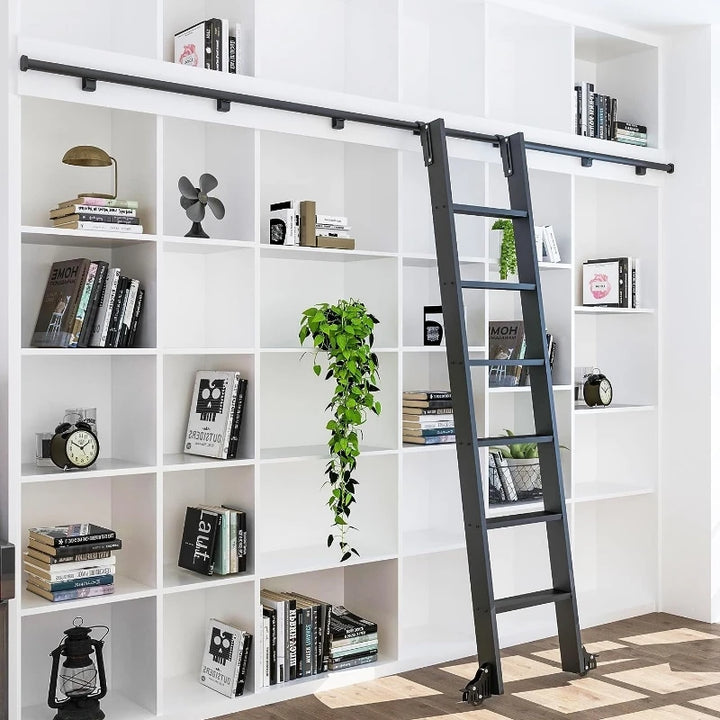 4FT(122cm) Hook on Rolling Library Ladder Hardware Kit with 87"(2.2M) Metal Ladder,Sliding Track Kit,Floor Roller with Brake