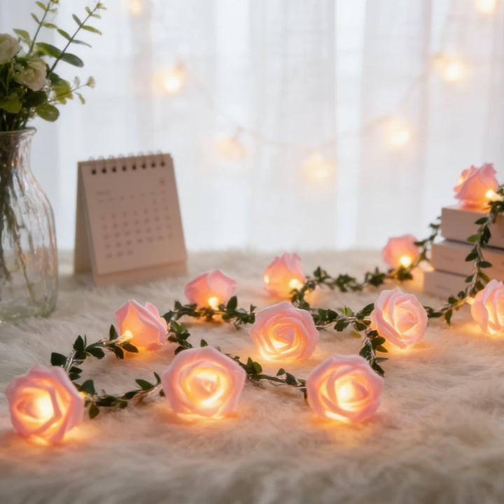 1PC 20/40 LED Rose Flower String Lights Battery Powered Flower Rose Night Lamp For Wedding Valentines Day Party Garland Decor