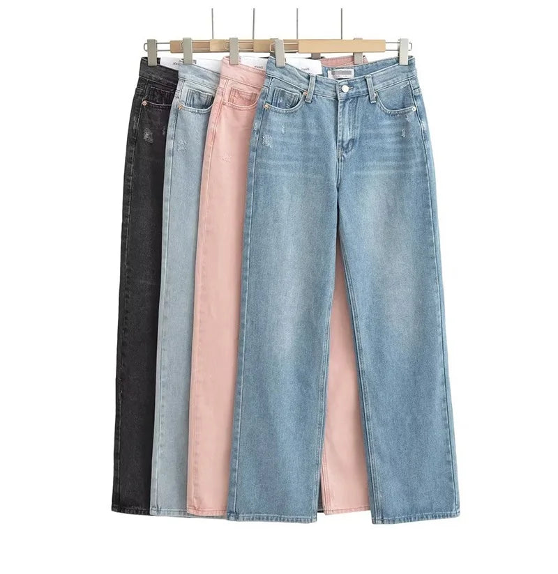 MiuKoMiYa Straight Leg Jeans For Women High Waist Gray Long Wide Denim Pants Vintage Blue Boyfriend Jeans