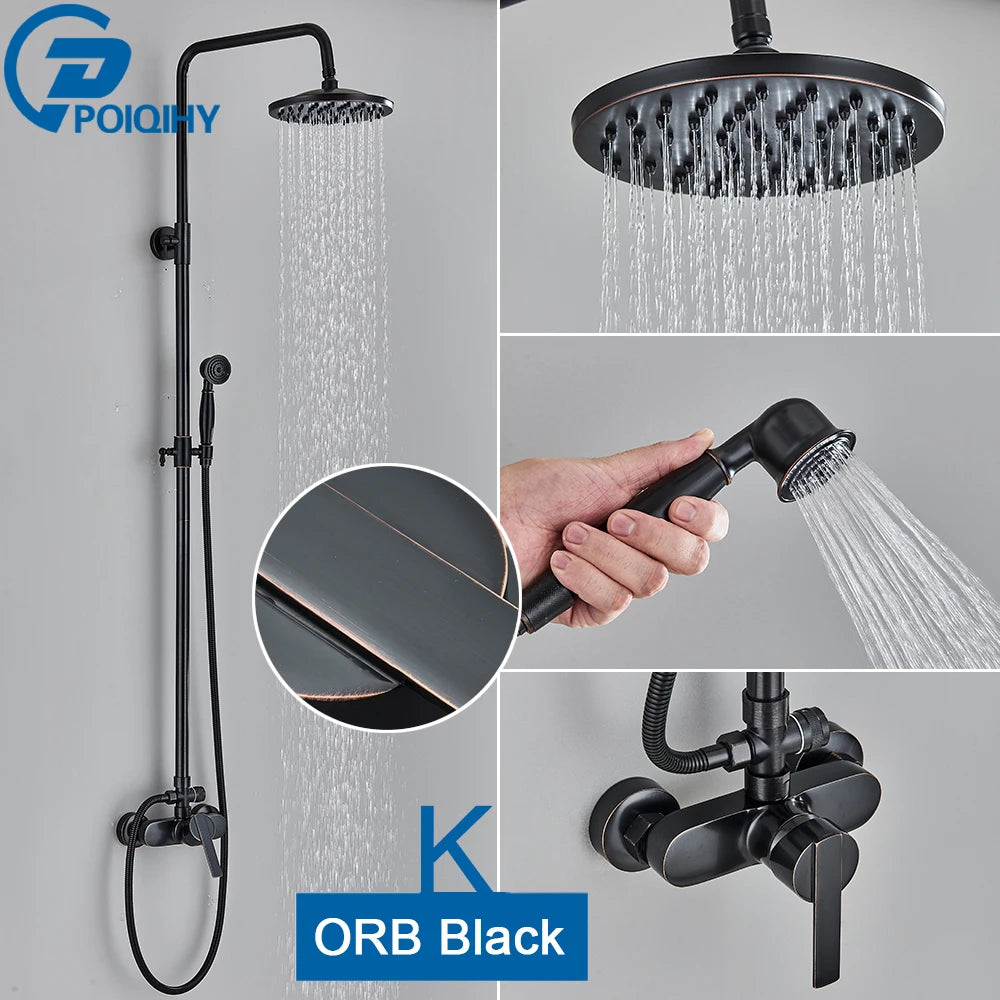 POIQIHY ORB Black Bathroom Shower Faucet In Wall 8" Rainfall Brass Shower Set Mixer Tap Tub Spout Bath Shower Set Dual Handles