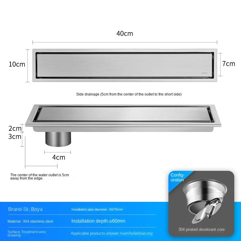 Luxury Hidden 304 Stainless Steel Rectangular Floor Drain Bathroom Toilet Drain Anti-Odor Filter Hair Extended Floor Drain