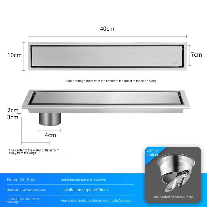Luxury Hidden 304 Stainless Steel Rectangular Floor Drain Bathroom Toilet Drain Anti-Odor Filter Hair Extended Floor Drain