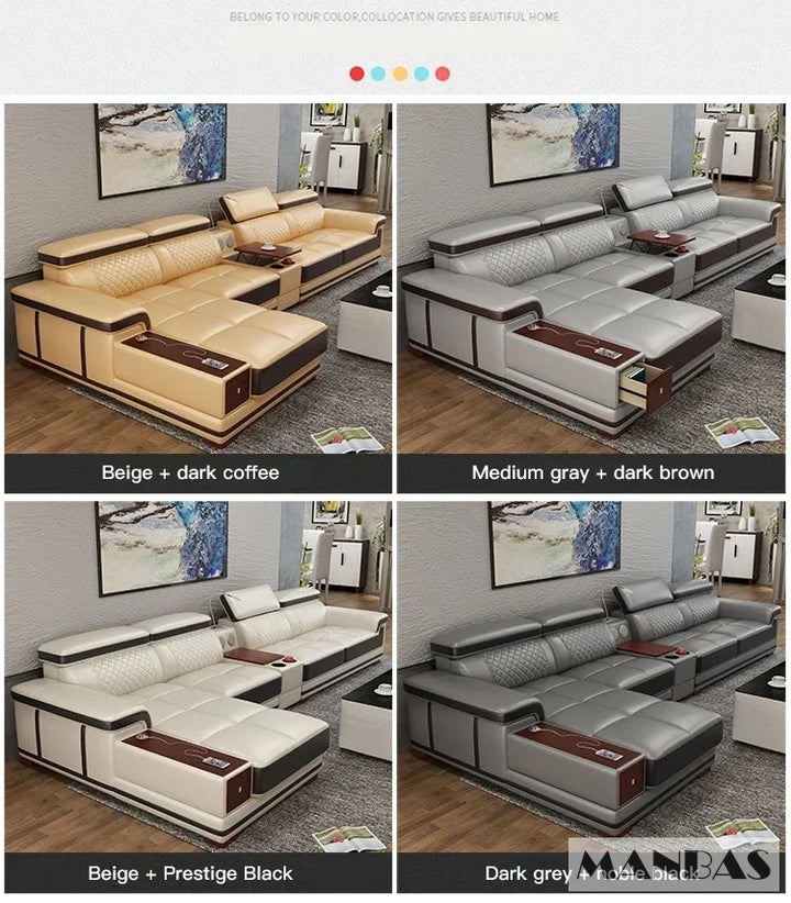 Modern Luxury Genuine Leather Sectional Sofa with Chaise Lounge, Adjustable Headrest, Built-in Storage, USB Charging, Cup Holder