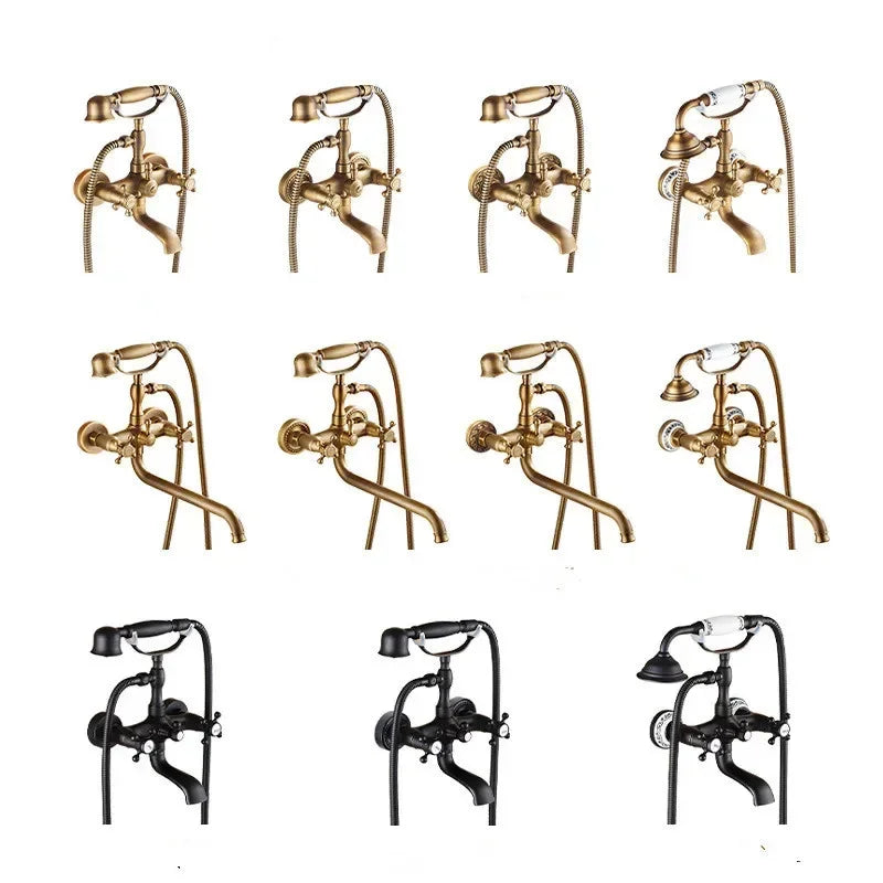 Antique Bathtub Shower Faucet Set Wall Mounted Black Bath Shower Faucet Bathroom Cold and Hot Bath and Shower Mixer Taps Brass