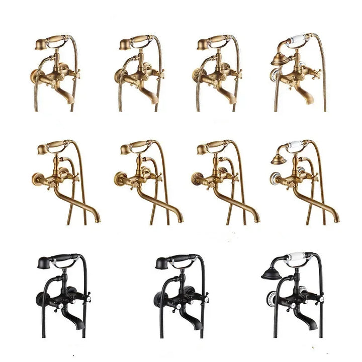 Antique Bathtub Shower Faucet Set Wall Mounted Black Bath Shower Faucet Bathroom Cold and Hot Bath and Shower Mixer Taps Brass