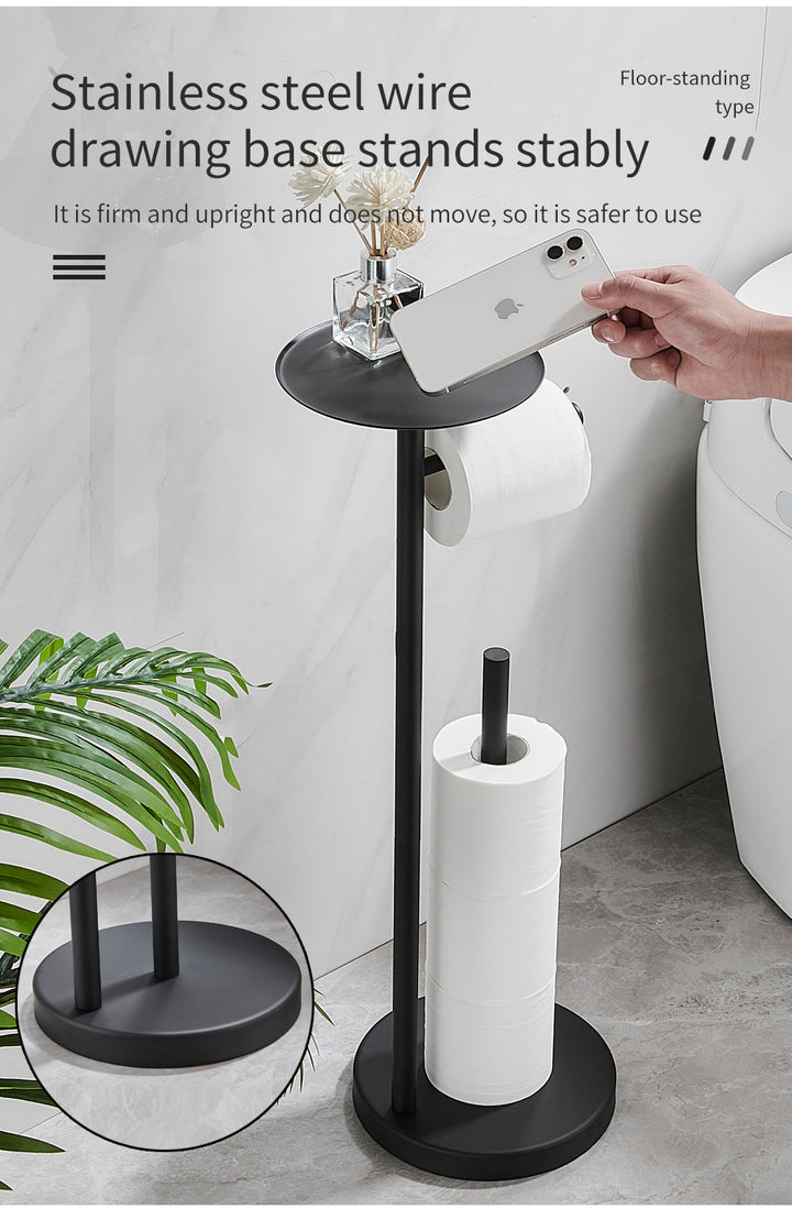 Floor Standing Toilet Paper Holder Stainless Steel Black Roll Paper Dispenser With Shelf Storage Bathroom Organization WB8236