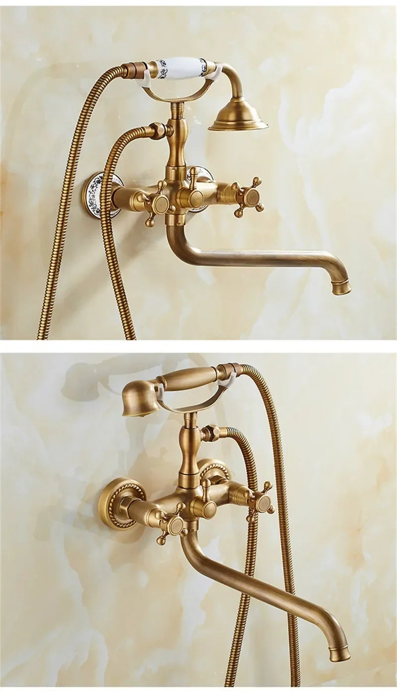 Antique Bathtub Shower Faucet Set Wall Mounted Black Bath Shower Faucet Bathroom Cold and Hot Bath and Shower Mixer Taps Brass