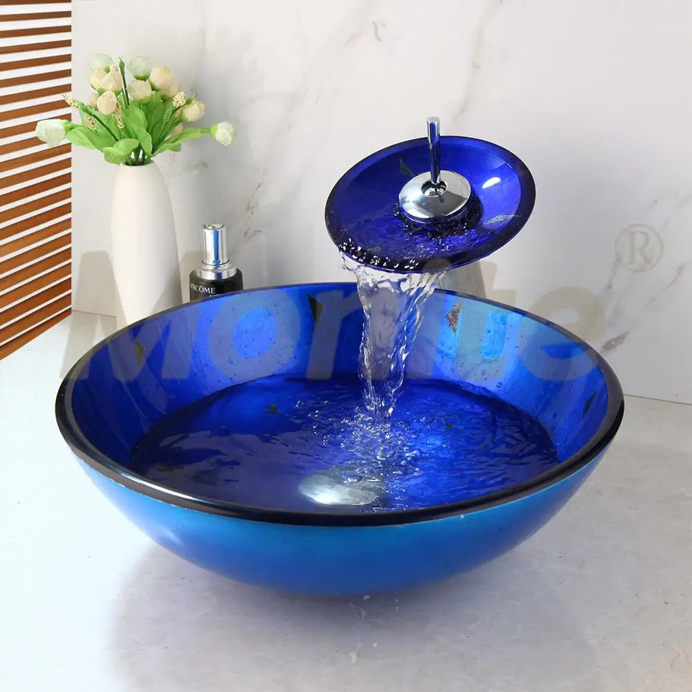 MONITE Tempered Glass Bathroom Sink Set Hand-Painted Art Basin Combine Round Waterfall Bowl Basin Faucet Multiple Styles