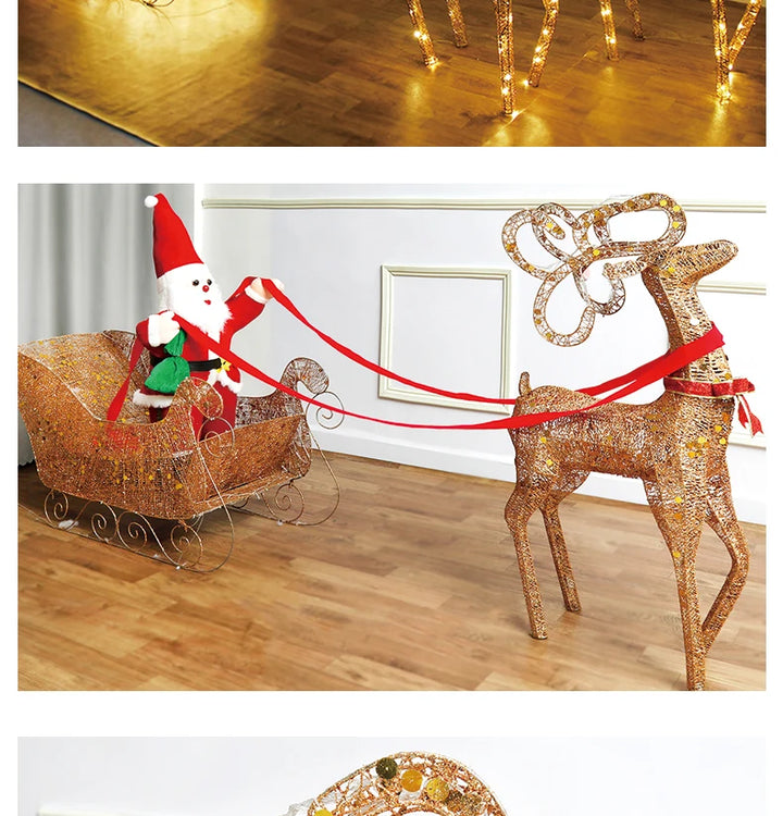 Christmas Gold Reindeer Sleigh  Led Light iron sleigh cart Home Garden Yard Ornament Outdoor