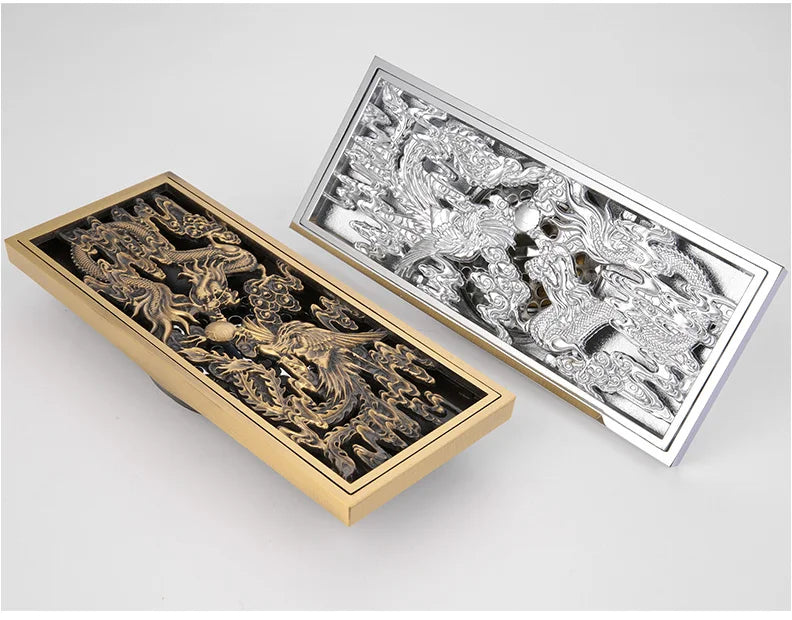 Bathroom Floor Drain Copper Antique Dragon Phoenix Picture Cover Large Displacement Floor Drain 20cm Long Strip Odor-Proof Drain