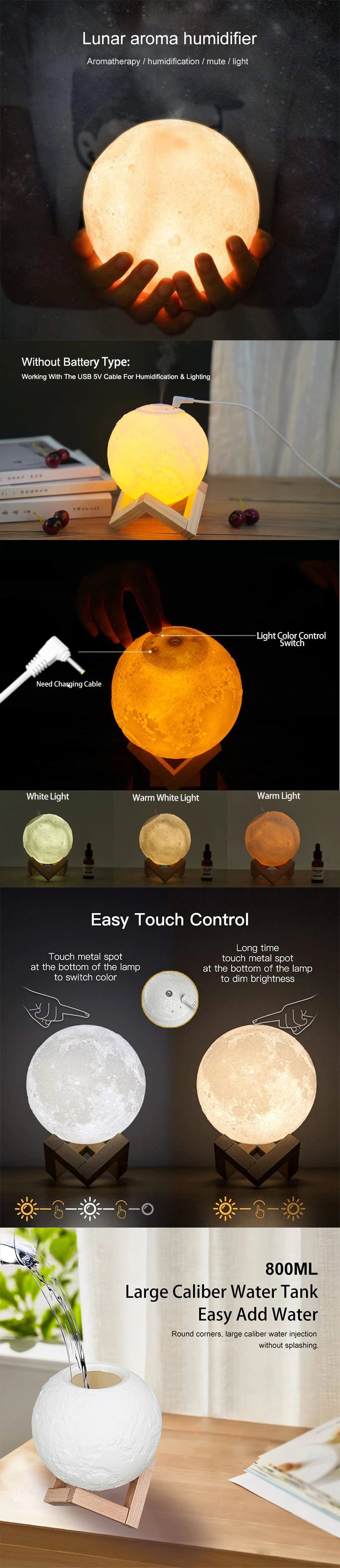 800ml Moon Essential Oil Aroma Diffuser USB Power Cord Ultrasonic Noiseless Cool Mist  Adjustable Color Lights Air Humidifier