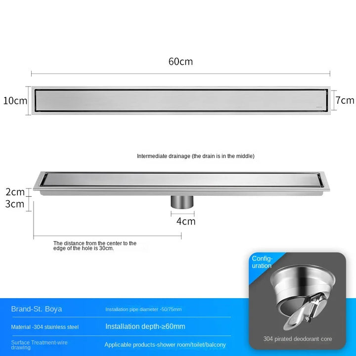 Luxury Hidden 304 Stainless Steel Rectangular Floor Drain Bathroom Toilet Drain Anti-Odor Filter Hair Extended Floor Drain